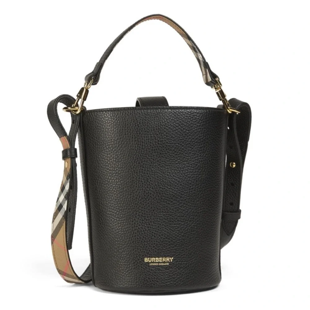 Burberry Black Bucket Shoulder Bag with Reversible Check Strap - Picture 1 of 7